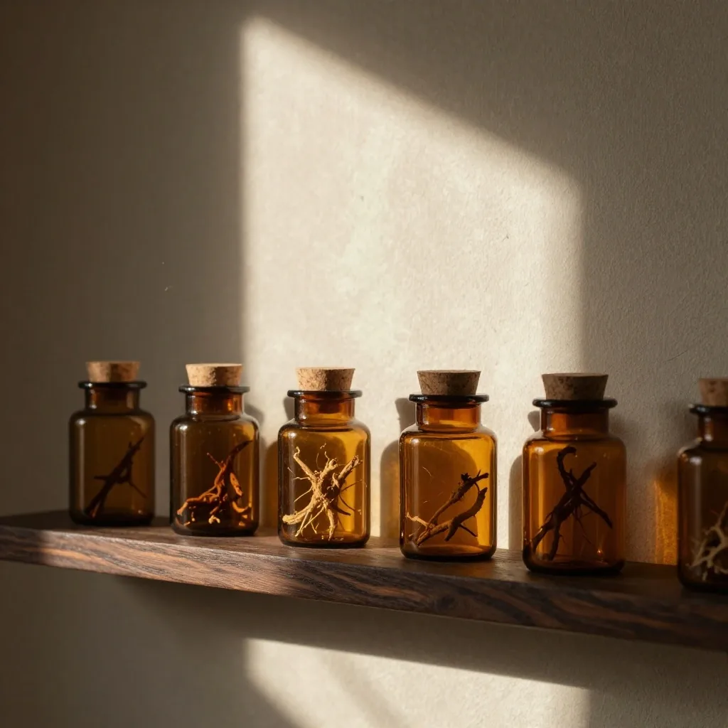 Amber apothecary jars on a shelf