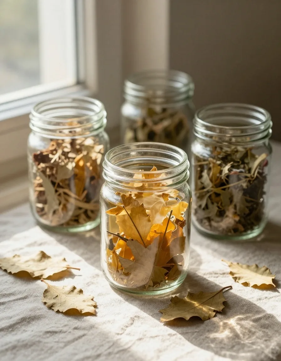 Amber glass jars with dried herbs under morning light