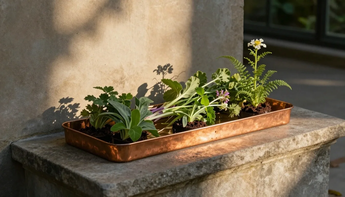 Open botanical reference folios on a workbench in morning light