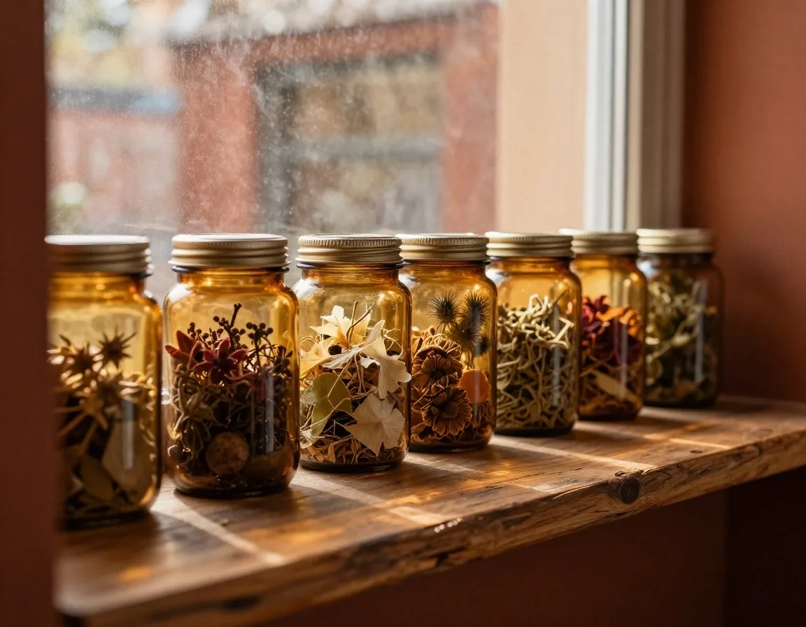 Amber glass jars with dried herbs on a linen workbench