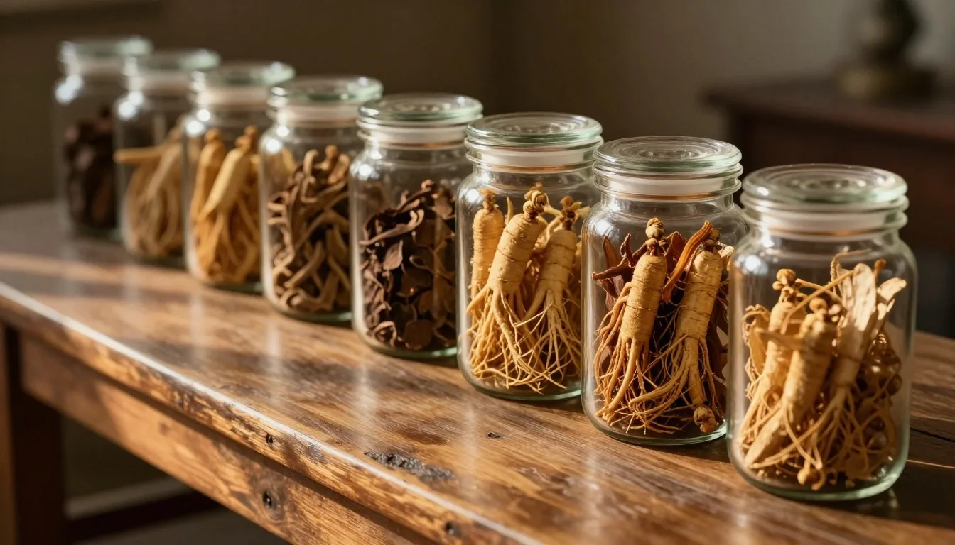 Botanical workbench under raking morning light with amber jars and pressed leaves