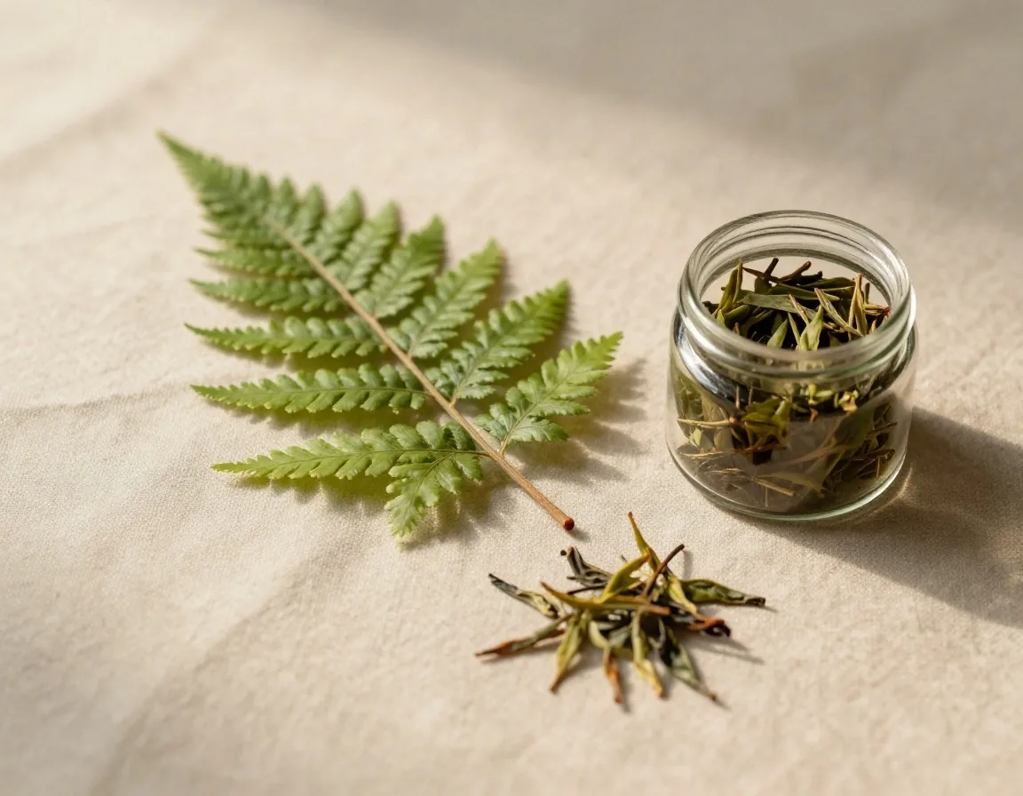 Pressed botanical leaf and amber jar with dried tea leaves on linen