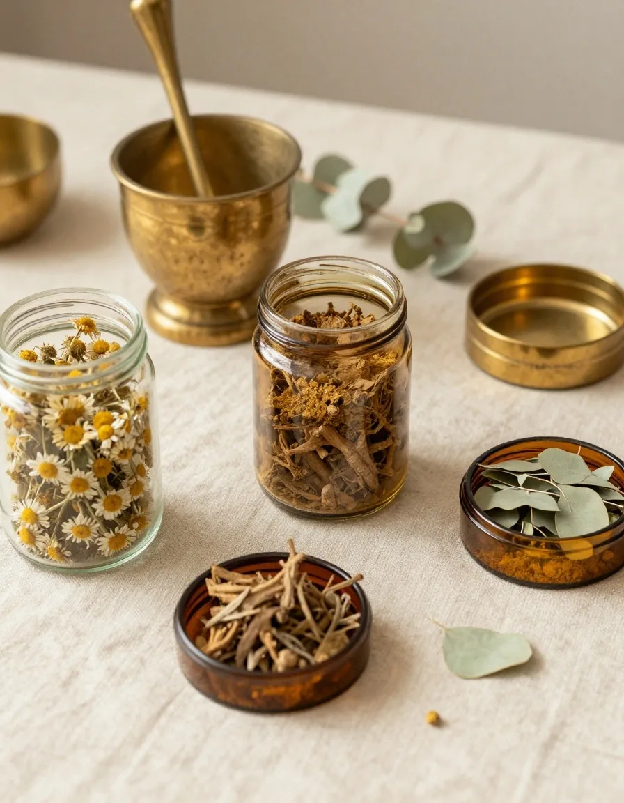 Amber glass jars with dried botanical specimens on a linen workbench
