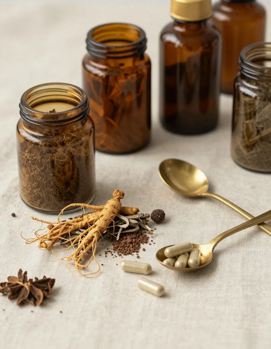 Natural capsules and adaptogen herbs on a linen workbench