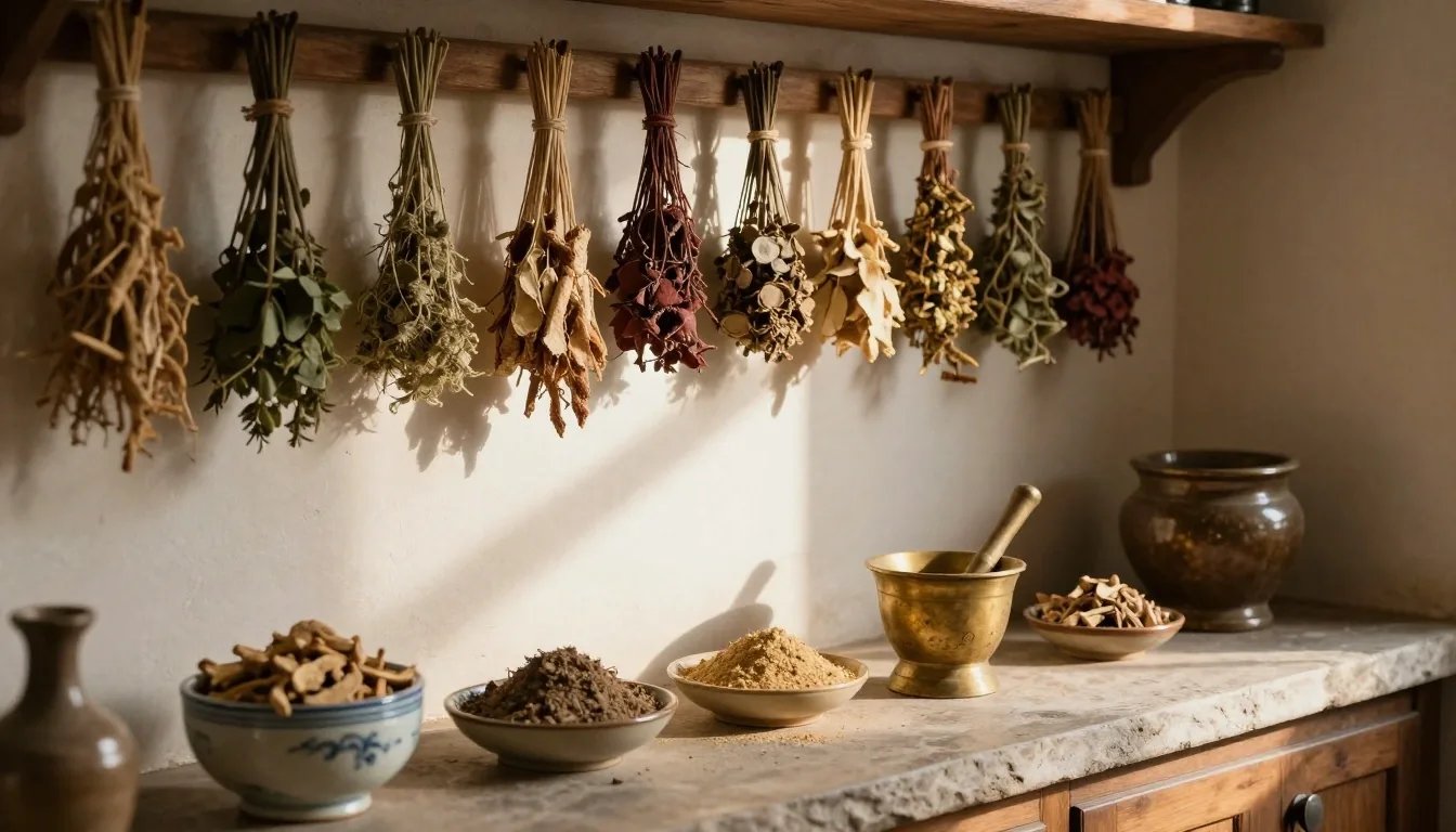 Botanical reference workbench under morning side-light with amber glass jars and pressed leaves on linen