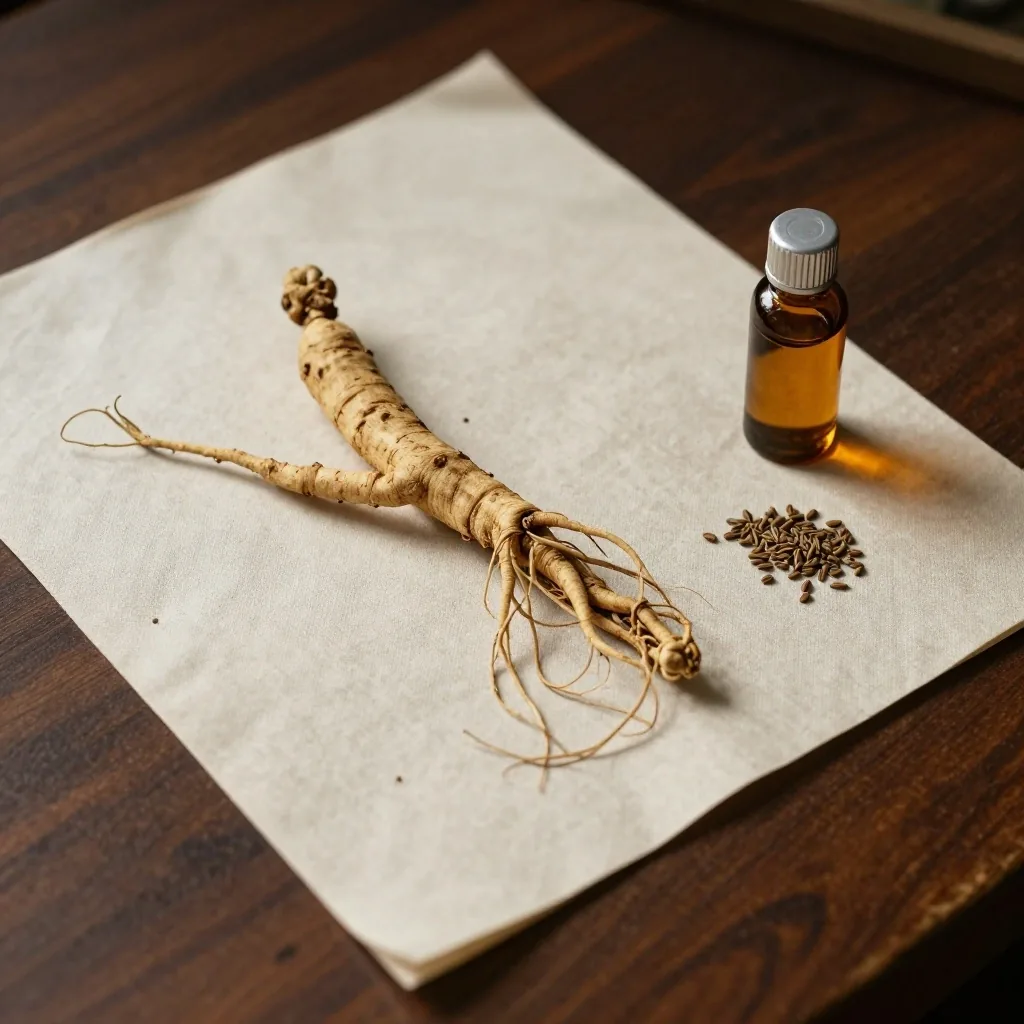 Pressed botanical specimen sheet with dried root and seeds under side-light