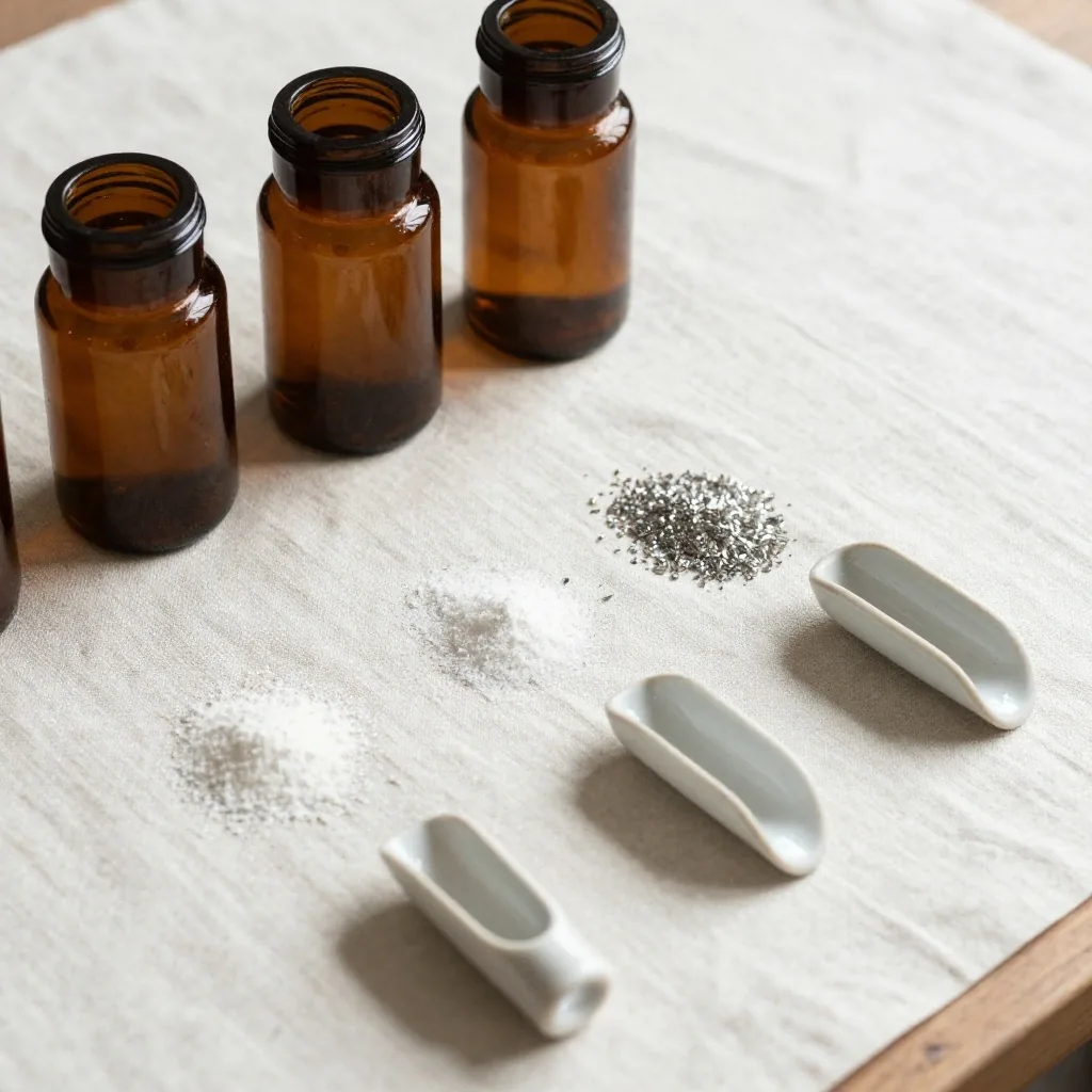 Amber glass jars with mineral powders on linen